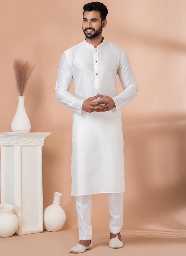 Viscose White Traditional Wear Plain Kurta Pajama